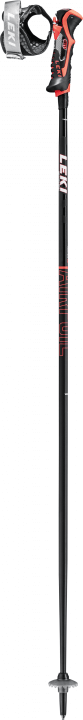 LEKI Trigger 3D – die Evolution einer Innovation Schwarzer Trekkingstock mit orangefarbenen Akzenten, einem Griff mit Handschlaufe und einer Teller-Spitze am unteren Ende.