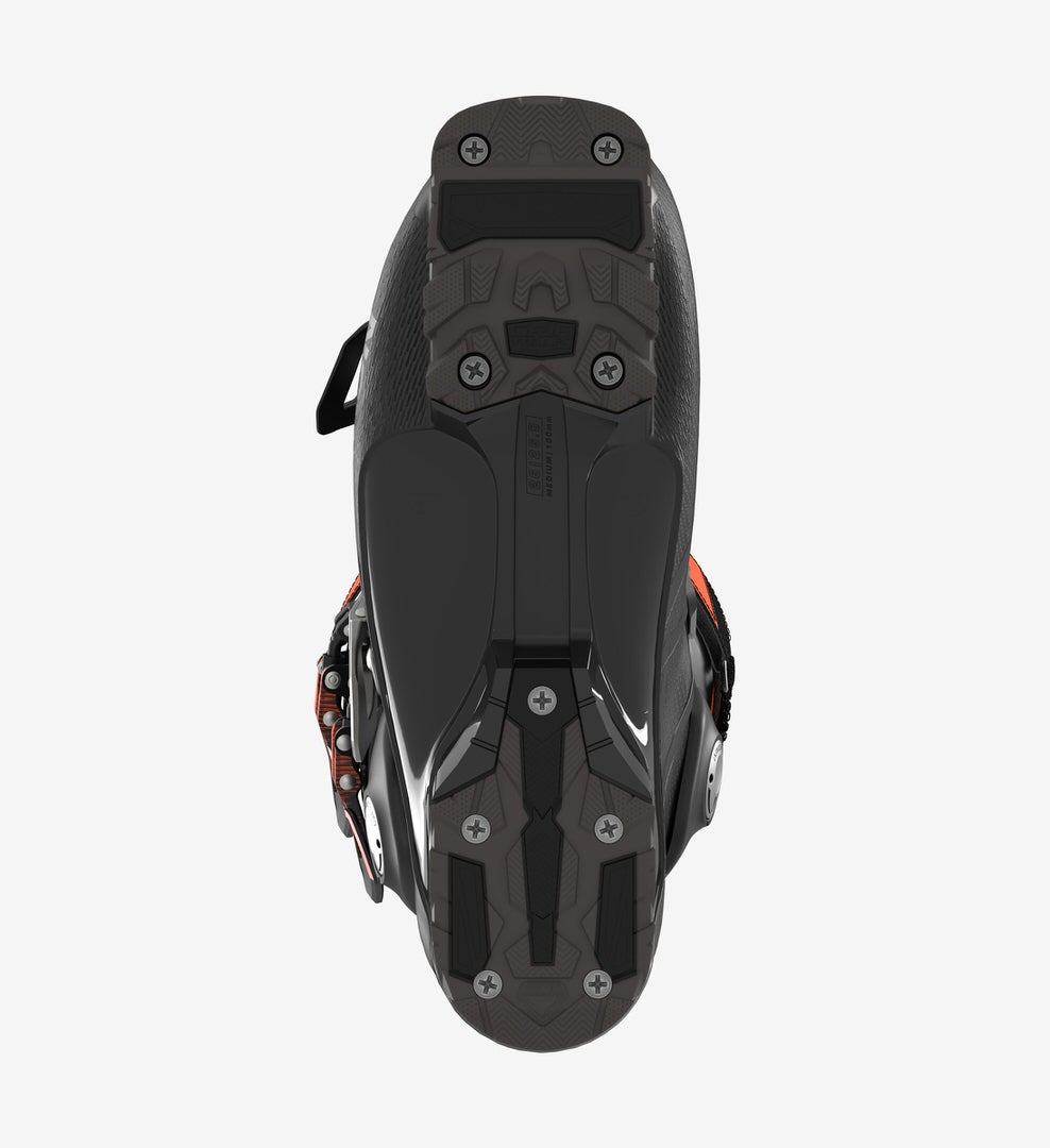 Draufsicht des Salomon S/PRO Supra 110 Skischuhs, der Sohle und die Befestigungspunkte zeigt.