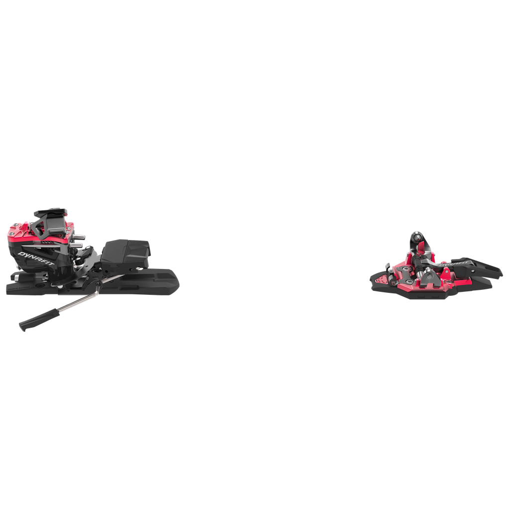 Schwarz-rote Dynafit Radical Skitourenbindung, bestehend aus Vorder- und Hinterbacken.