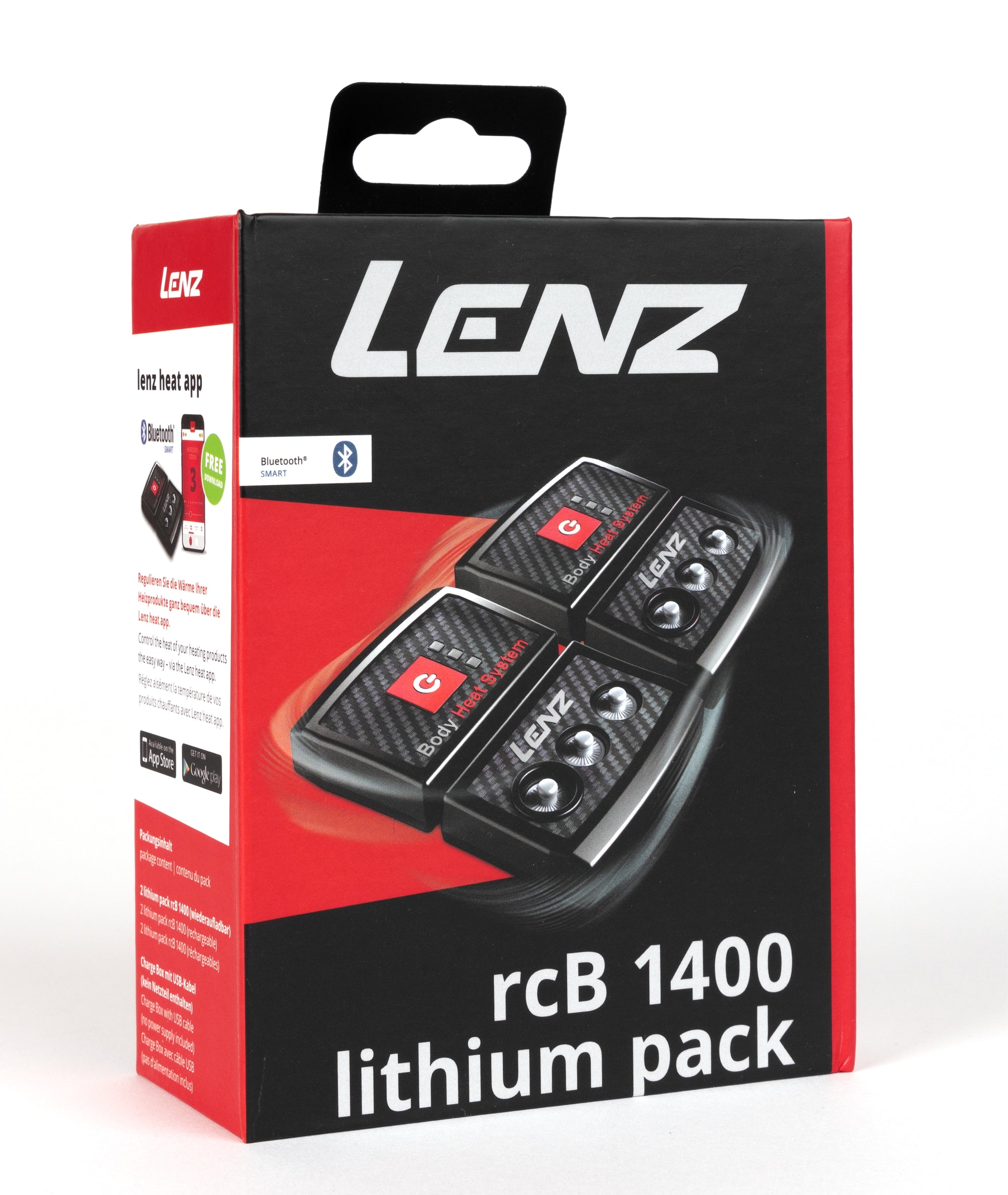 Verpackung eines "Lenz rcB 1400 Lithium Pack" mit Abbildungen der dazugehörigen Akkus und dem Lenz Logo.