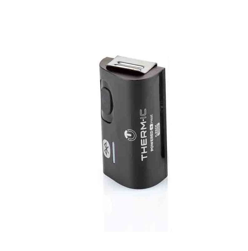 Schwarzer Therm-ic C-Pack 1300 B Einzelakku mit Bluetooth-Symbol, Knopf und Metall-Clip auf der Oberseite.