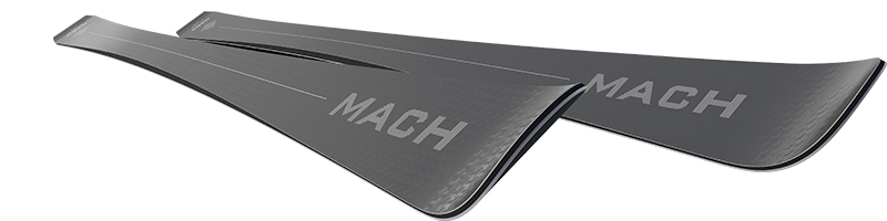 Graue MACH EAGLE Ski Graue MACH EAGLE Ski, leicht angewinkelt dargestellt, mit Schriftzug "MACH" auf der Oberfläche.