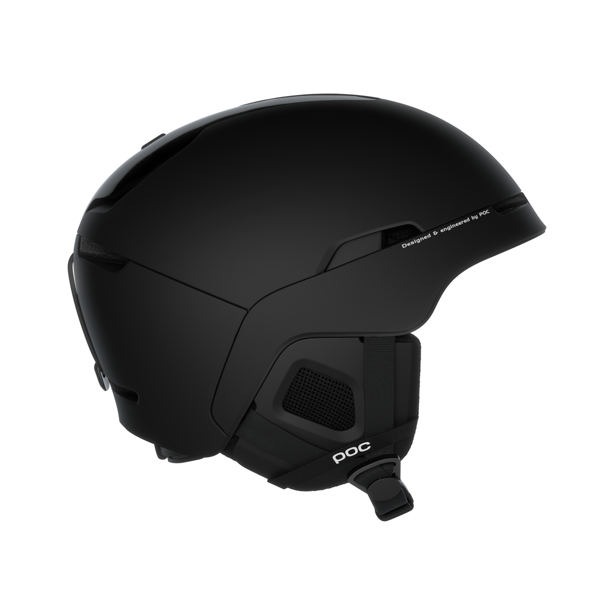 Schwarzer Skihelm "Poc Obex Mips" von der Seite, mit Ohrpolstern und Riemen. Die Oberfläche ist matt.