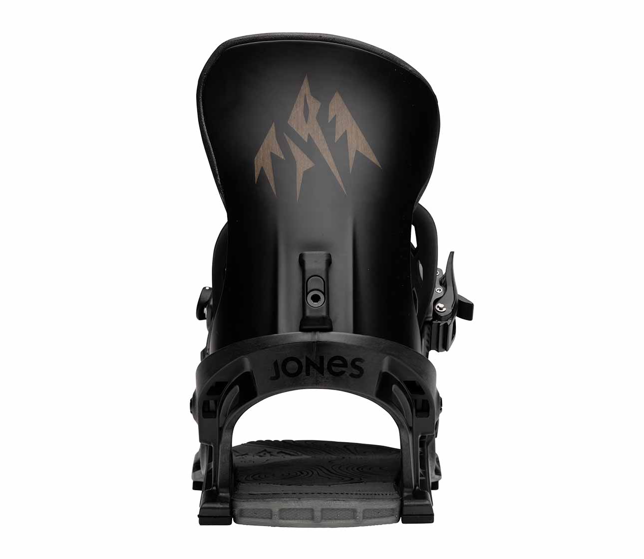 Jones Apollo Pro Bindung Schwarze Snowboardbindung Jones Apollo Pro von hinten, mit braunem Berg-Logo auf dem Highback.