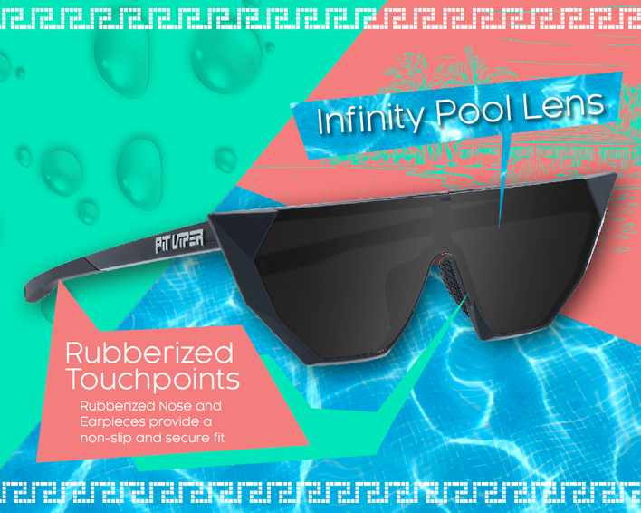 Lunettes de soleil noires The Onyx avec détail de la marque et informations sur Infinity Pool Lens, plaquettes de nez et branches antidérapantes.