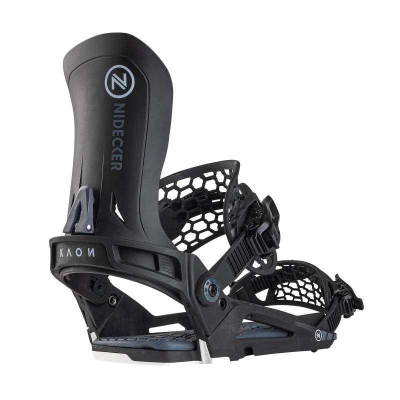 Schwarze Nidecker Kaon Plus Snowboardbindung, seitliche Ansicht, mit Highback und AuxTech Straps.