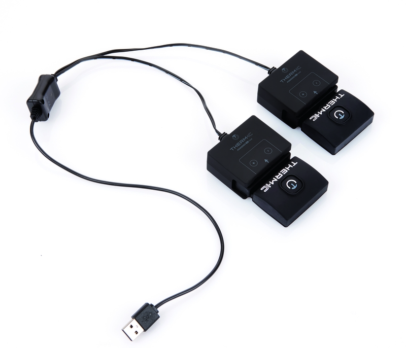 Schwarzes USB-Ladegerät für S-Pack Akkus mit zwei Anschlüssen und USB-Stecker.