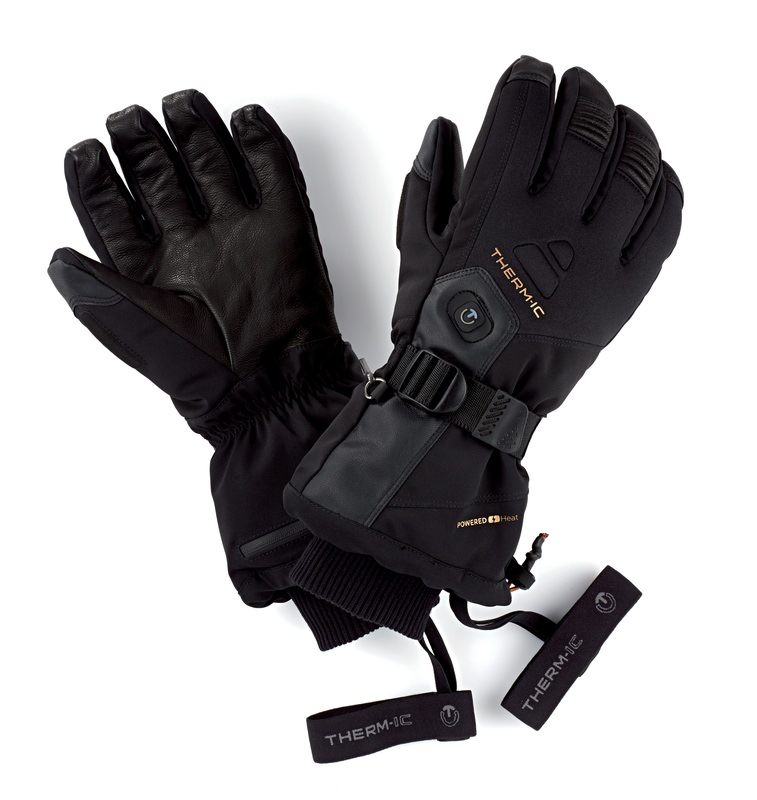 Thermo-Handschuhe für Herren Schwarze Therm-ic Heat Ultra Glove Men Handschuhe, linker Handschuh zeigt die Lederinnenseite, rechter die Außenseite mit Bedienelementen.