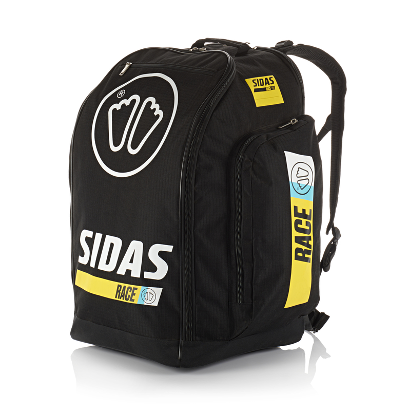 Schwarze Sidas Race Boot Bag 60L Tasche mit Trägern und gelben Akzenten, seitlich RACE Schriftzug und Logoaufdruck.