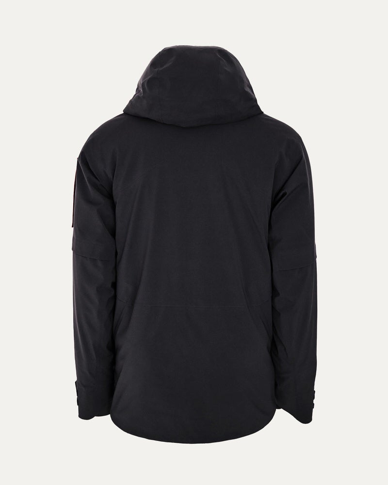 Schwarze Gore-Tex Jacke Rückansicht der schwarzen S-1 Gore Tex 2L Stretch Insulated Jacket mit Kapuze.