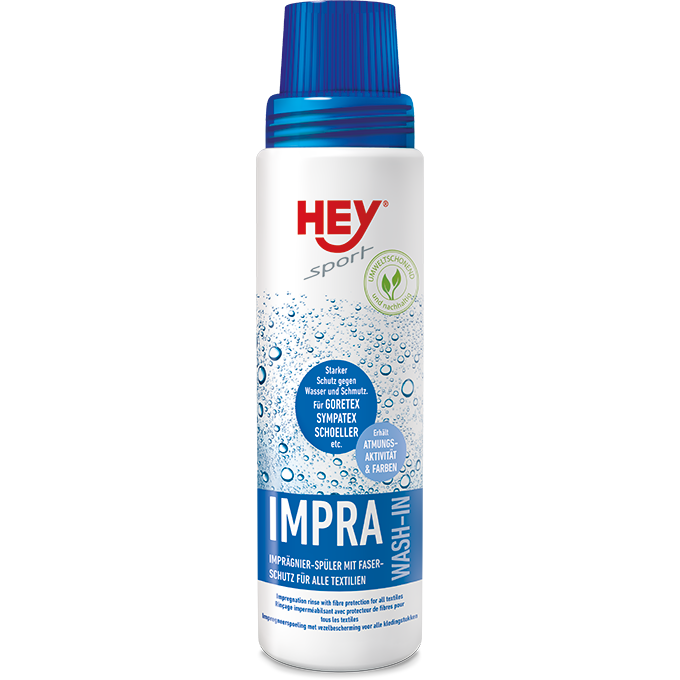 Weiße Flasche Impra Wash mit blauem Deckel, Text mit Produkteigenschaften auf dem Etikett.