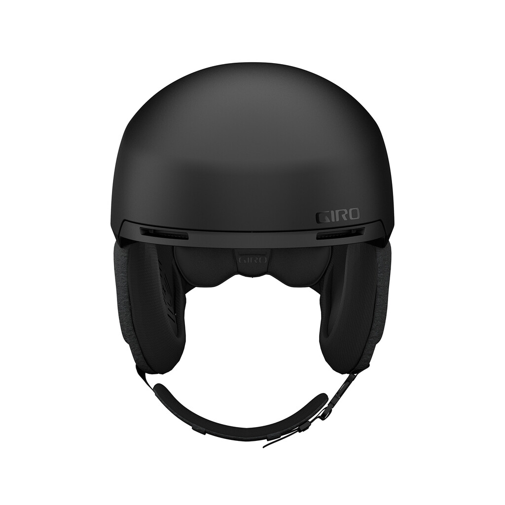 Schwarzer Giro Tagert MIPS Skihelm von vorne, mit Ohrenpolstern und Kinnriemen.