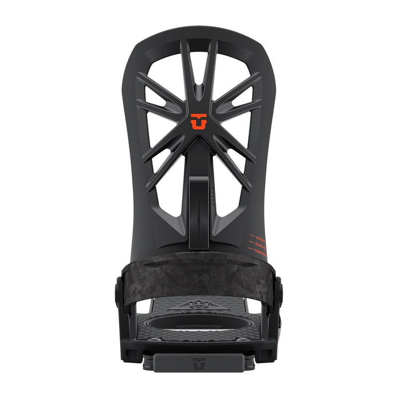 Schwarze Splitboard Bindung Schwarze Union Explorer FC Splitboard Bindung von vorn. Die Ferse ist aus Carbon.