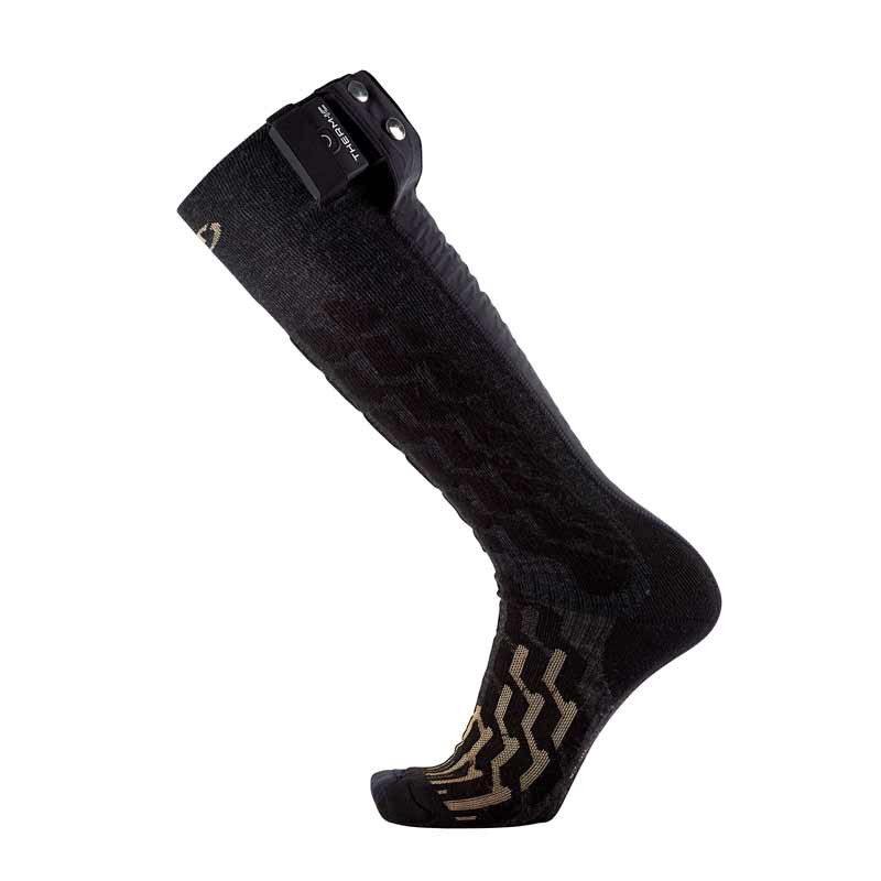 Thermosocken mit Batterie Schwarze, knielange Thermosocke mit Batteriepack und Muster am Fuß.