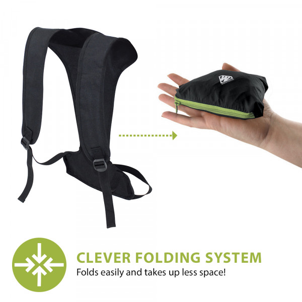 Skiback Cordura Light Skiback Cordura Light: Tragegurte und verpacktes Produkt in Hand, verbunden durch Pfeile.