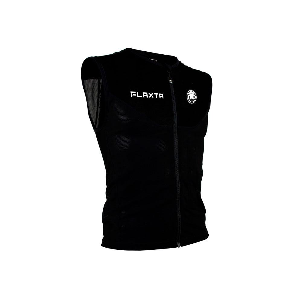Gilet de protection noir Flaxta Behold Junior avec fermeture éclair et logo, vue de face.