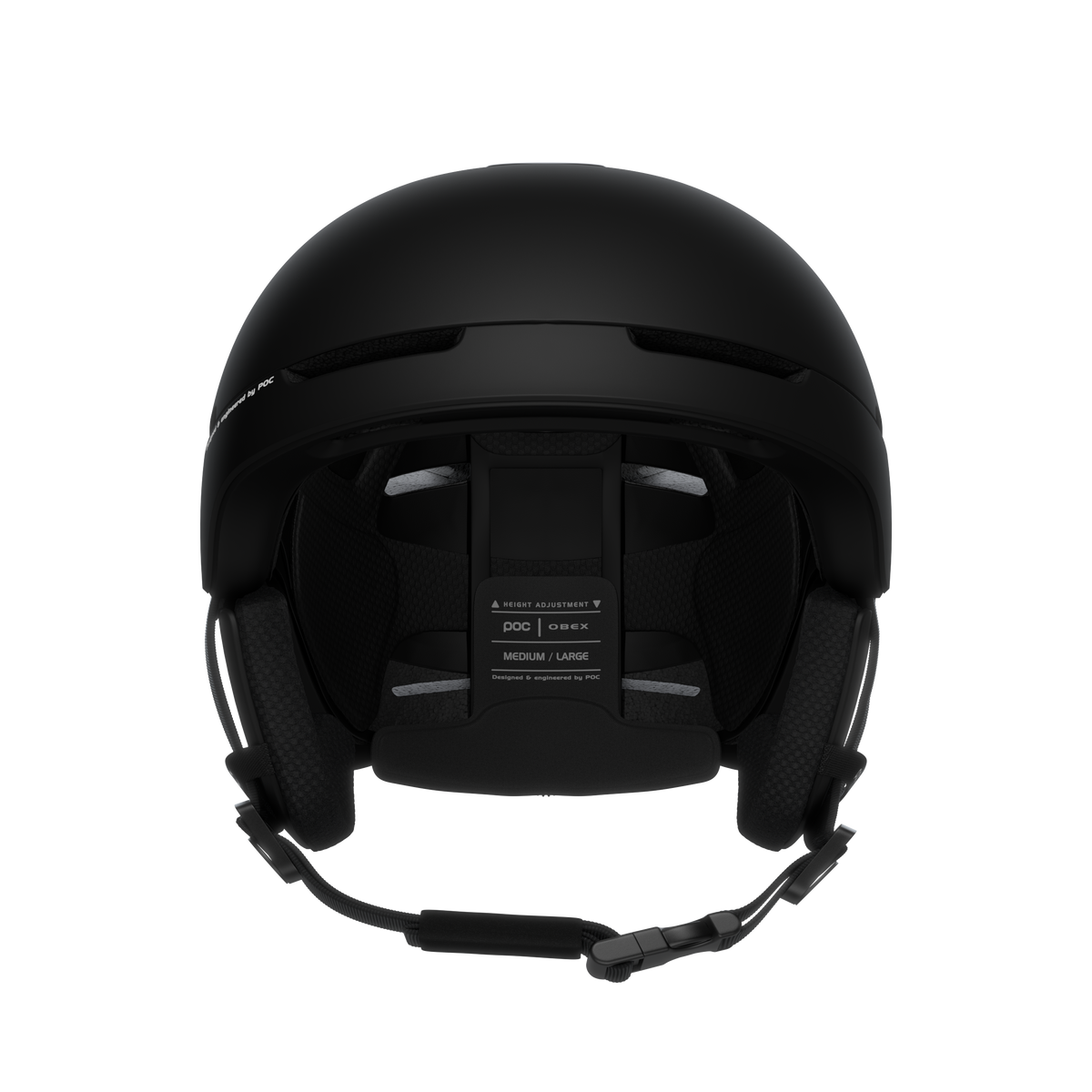 Frontale Ansicht eines mattschwarzen Ski- und Snowboardhelms POC Obex Mips mit sichtbarer Innenausstattung und Größenangabe.