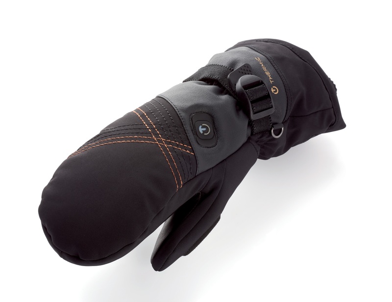 Schwarzer Fäustling für Frauen Schwarzer Therm-ic Ultra Heat Fäustling für Frauen, Detailansicht mit Knopf und Riemen.