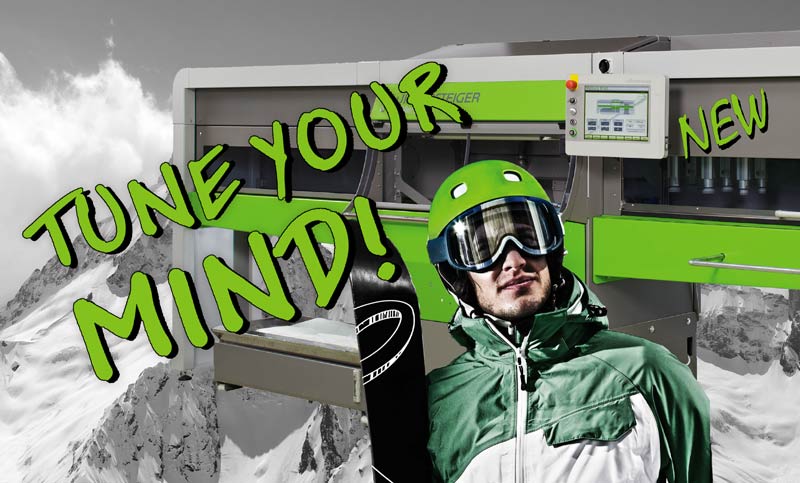 Skiservice Perfektion mit Wintersteiger Mercury Skifahrer mit Snowboard vor einer Skiservicemaschine mit Bergkulisse und dem Text "Tune your Mind! NEW".