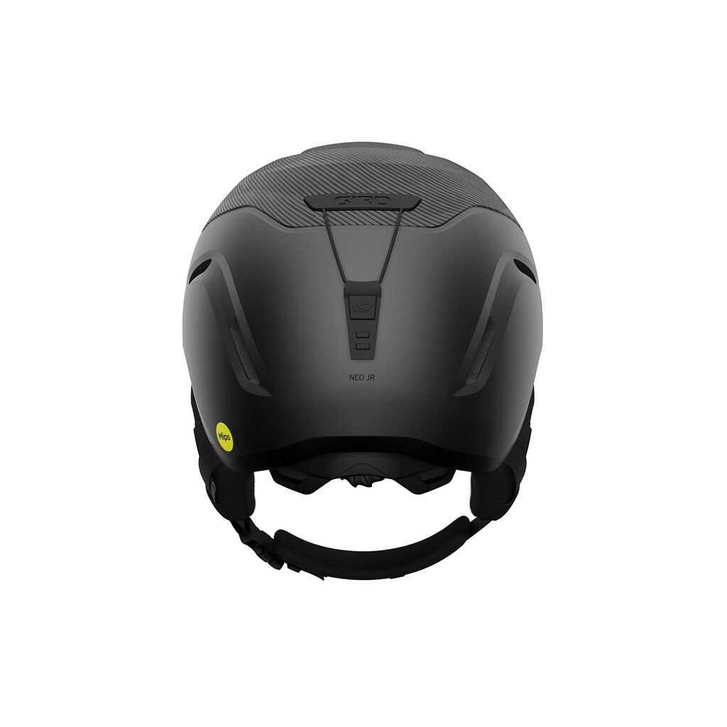 Vue arrière d'un casque de ski noir mat Giro Neo Jr. MIPS avec détails d'aération et réglage de la taille.