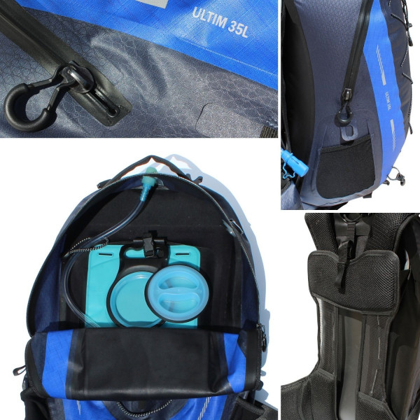 Detailansicht: Wasserdichter Rucksack 35L, zeigt Reißverschluss, Trinkblase, Tasche und Rückenpolster.