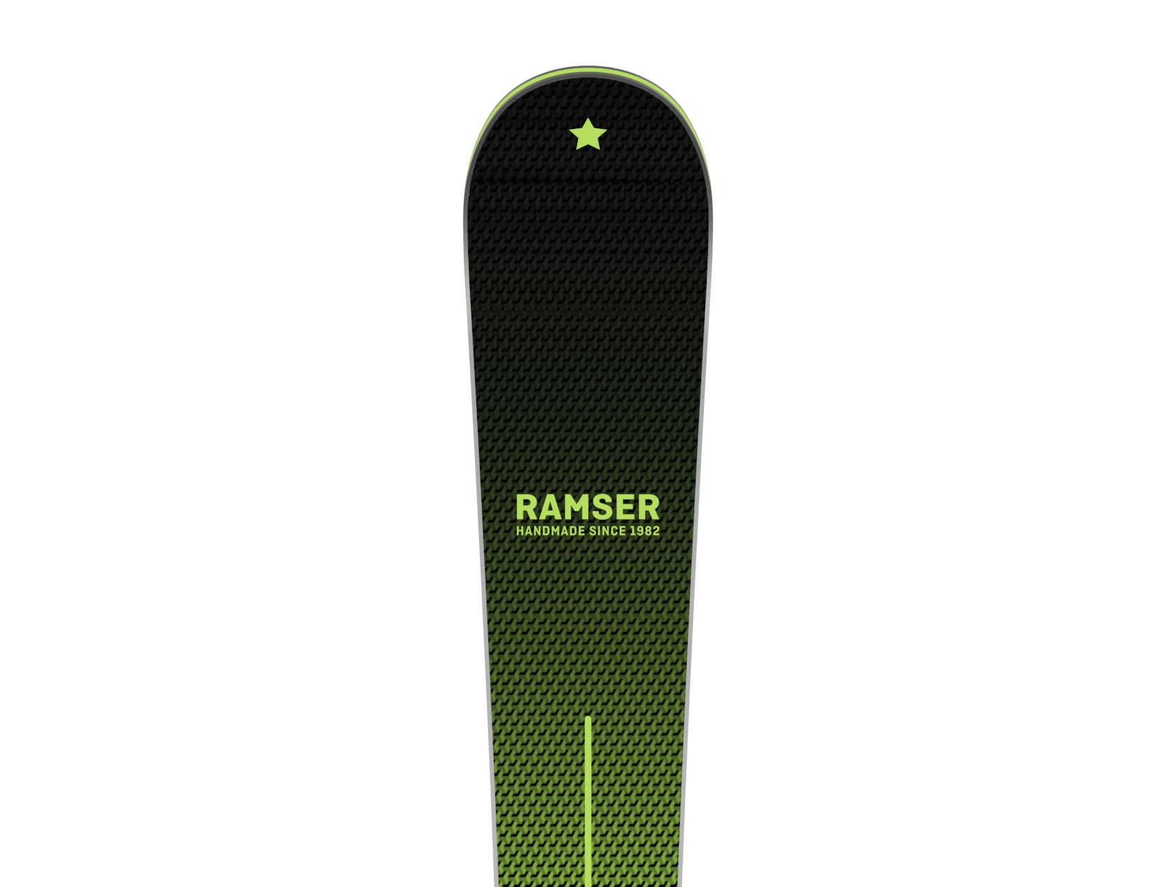 Ramser Green LTD Skis Detailansicht eines Ramser Green LTD Skis. Das Design ist grün-schwarz mit dem Ramser-Logo. Der Ski hat eine Sternapplikation.