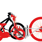 Grafik: Tandemkupplung verbindet rotes Kinder- und Erwachsenenfahrrad. Schattenriss zeigt zweites Fahrrad. Mobilität für Familien.