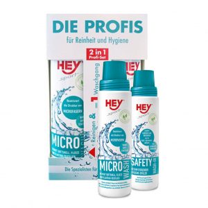 HEY SPORT Safety Wash-in Produktset "HEY Sport": Micro Wash und Safety Wash, für Reinigung und Hygiene, blaue und weiße Verpackung.