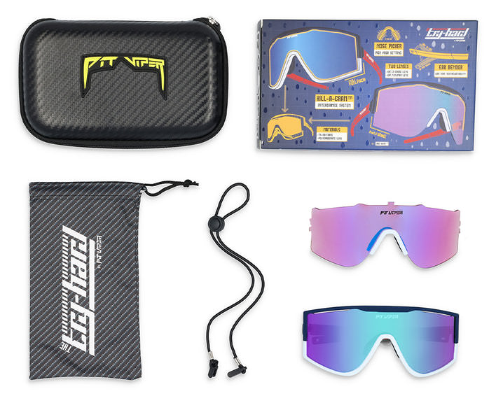 Set mit Try-Hard Basketball Team Sonnenbrille, Etui, Tasche, Band, Wechselgläser und Zubehör.