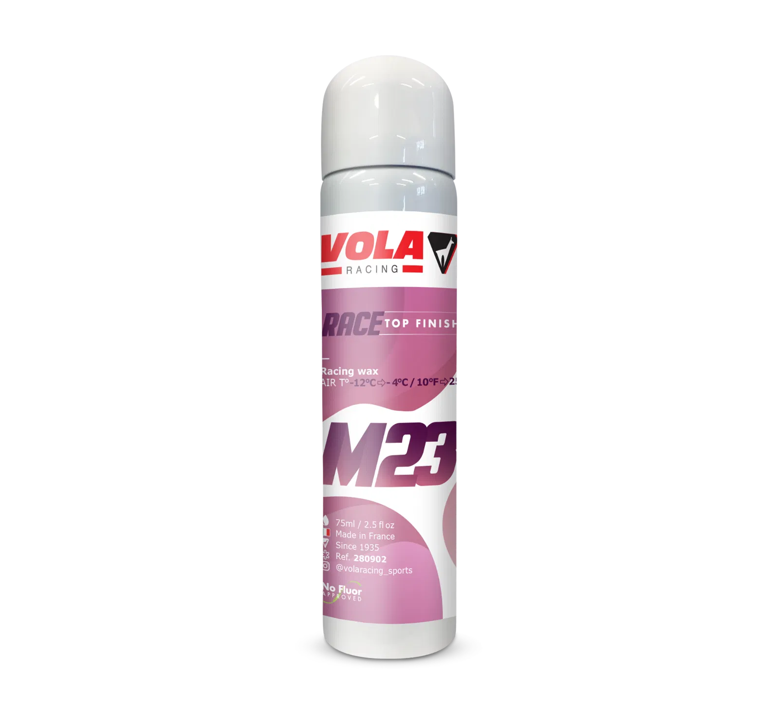 Graue Aerosoldose Vola M23-Race Top Finish Violett mit weißem Deckel. Das Etikett ist violett und weiß beschriftet.