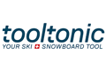 Dunkelblaues Logo von "tooltonic" mit dem Slogan "YOUR SKI + SNOWBOARD TOOL" und einem Schweizerkreuz.
