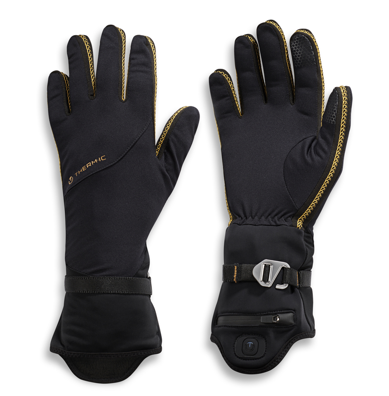 Schwarze Therm-ic Thin Ultra Heat Liner Innenhandschuhe, Handflächen nach oben, mit Manschetten und silbernem Riemenverschluss.