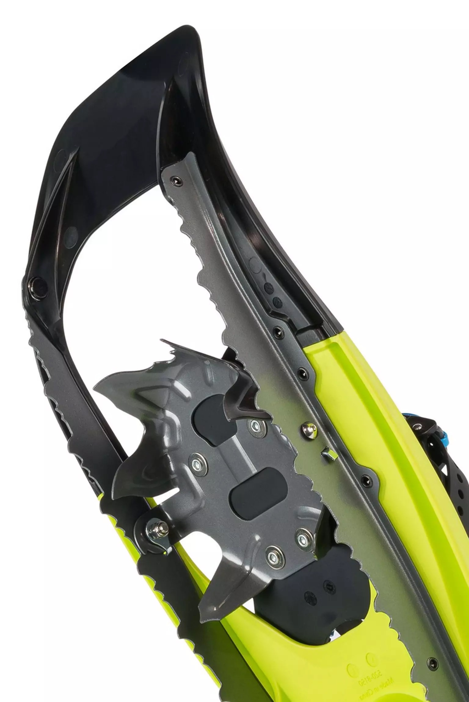 Limegrüner Tubbs Flex Alp Nahaufnahme eines lime-grünen Tubbs Flex Alp Schneeschuhs, der die ActiveFit 2.0-Bindung und Traction Rails zeigt.