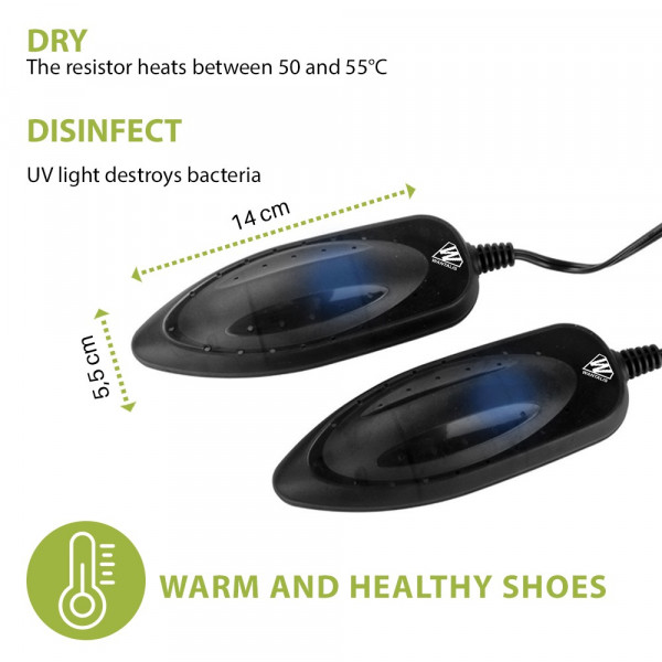 UV Schuhtrockner Set Zwei schwarze, tropfenförmige UV Schuhtrockner mit Kabel und blauem UV Licht, daneben Maßangaben.