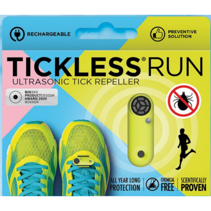 Verpackung für Tickless Run: Ultraschall-Zeckenabwehr für Schuhe. Chemikalienfrei, mit Läufer-Silhouette und Warnsymbol für Zecken.