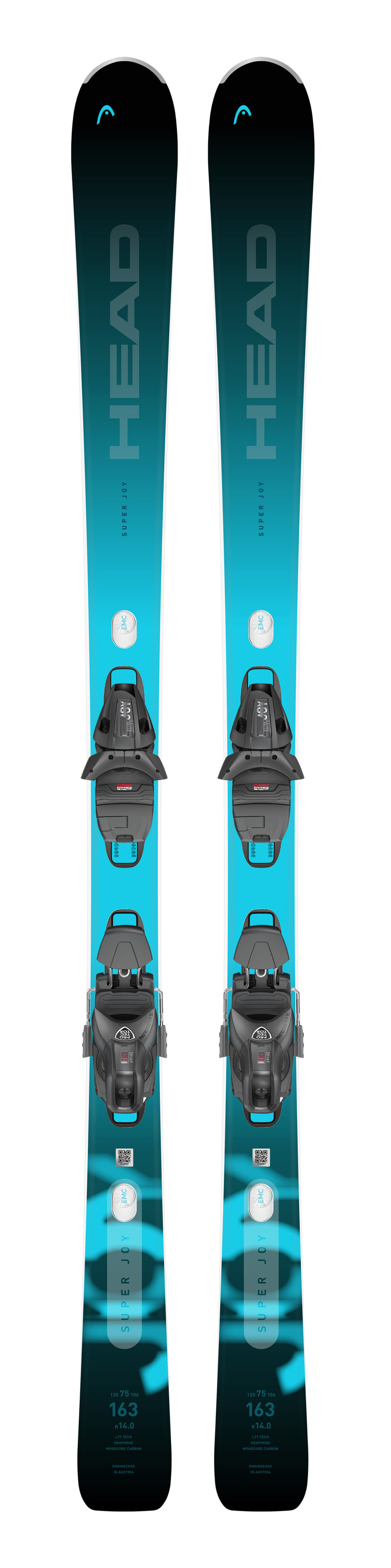 Draufsicht auf ein Paar Ski der Marke Head, Modell e-Super Joy mit montierter Bindung. Farbverlauf von blau nach schwarz.