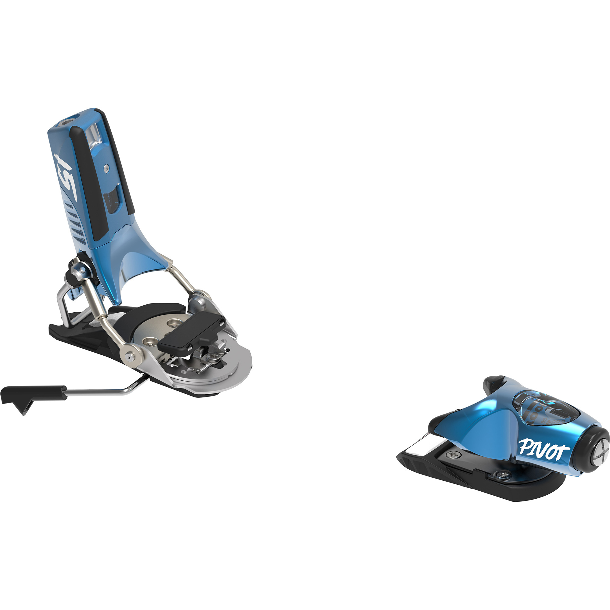 Blaue Look Pivot 2.0 15 GW Ski-Bindung, Seitenansicht. Vorder- und Hinterteil der Bindung sind auf weißem Grund zu sehen.