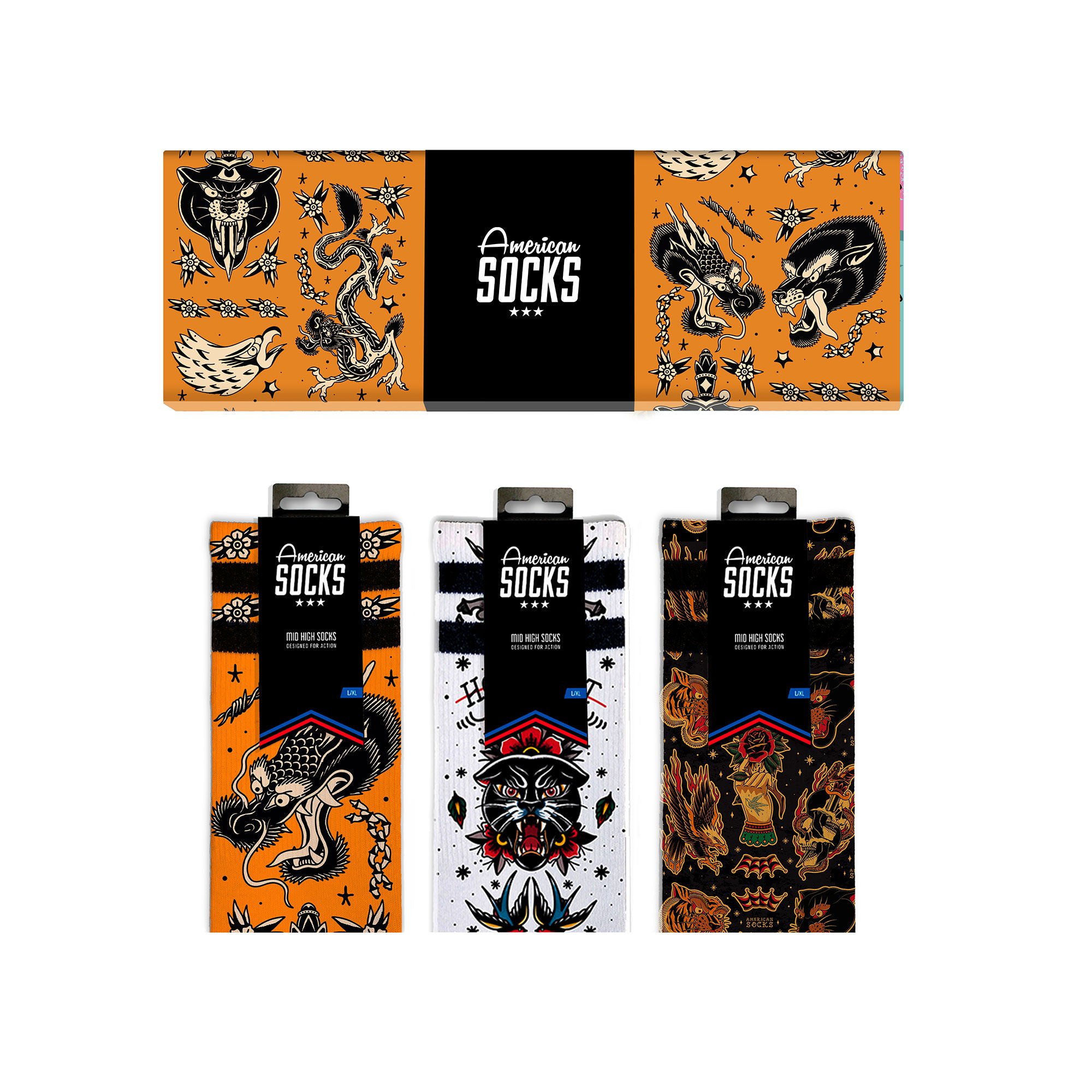 Inked Socks Giftbox: Drei verpackte Socken mit Tattoo-Motiven, darunter Drache, Panther und Adler.
