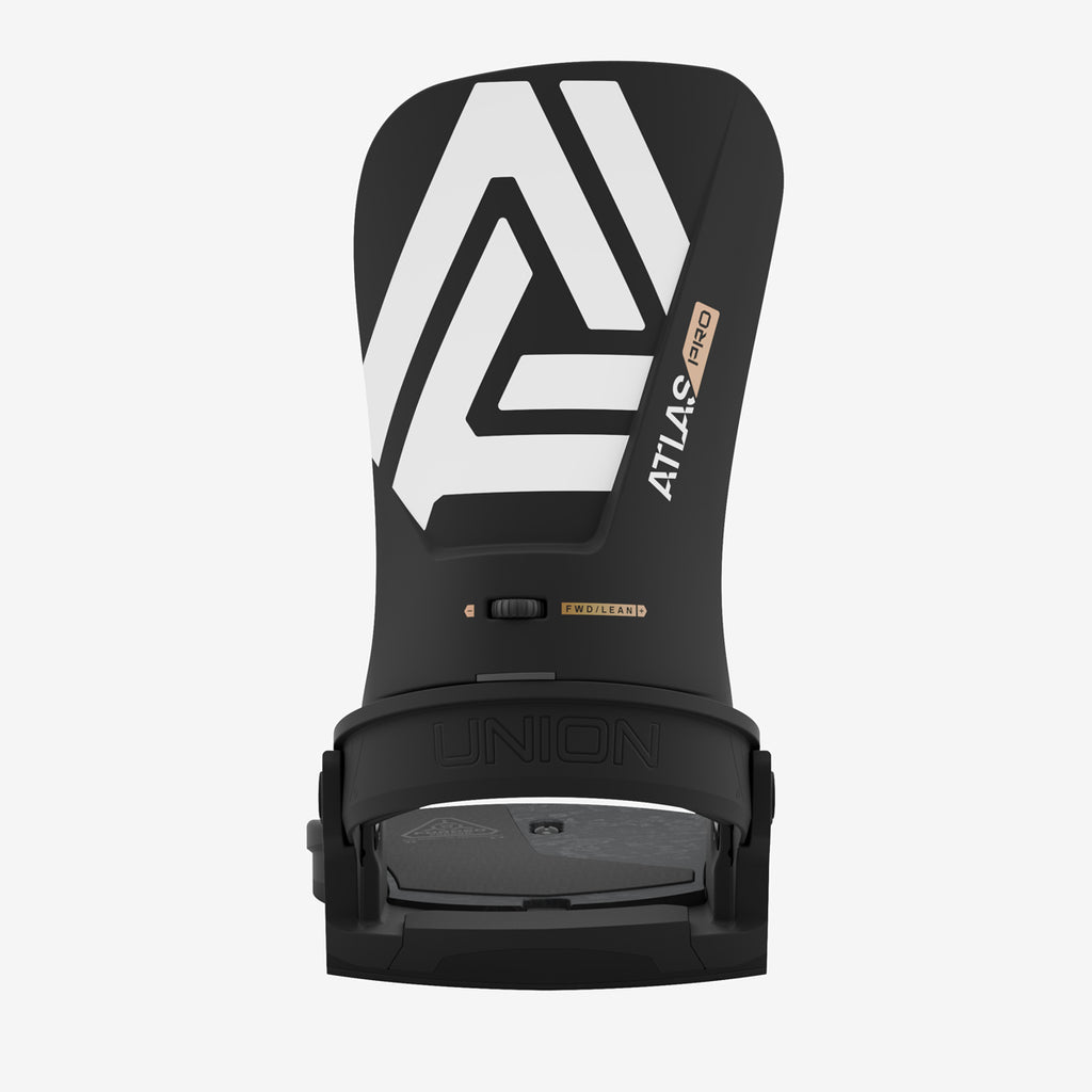 Schwarze Snowboardbindung Atlas Pro Schwarze Union Atlas Pro Snowboardbindung mit Logo und weißem Pfeil-Design auf der Rückseite.