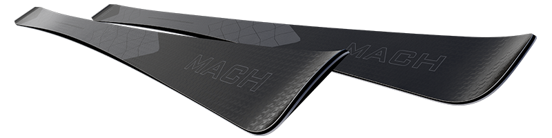MACH Ski noir Deux skis MACH noirs, inclinés, avec des motifs graphiques et l'inscription "MACH" sur la surface.