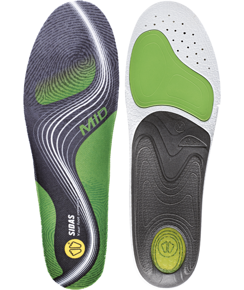 Zwei Sidas 3Feet Active MID Einlegesohlen, von oben, mit grün-grauem Muster und Gelpad.