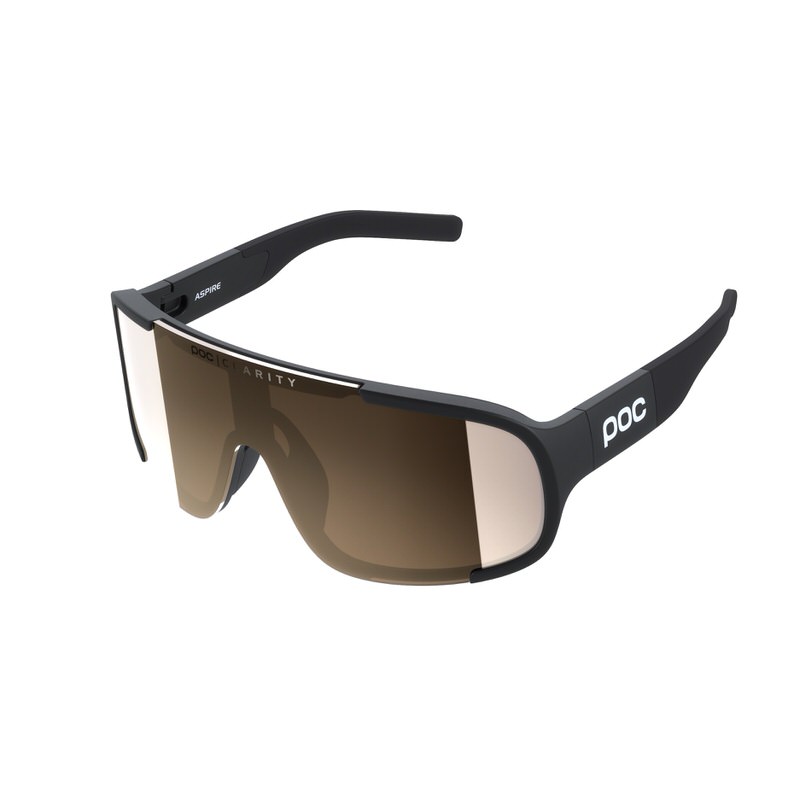 POC Aspire Sonnenbrille, Uranium Black Rahmen, Violet Gold Mirror Linse, seitliche Ansicht.