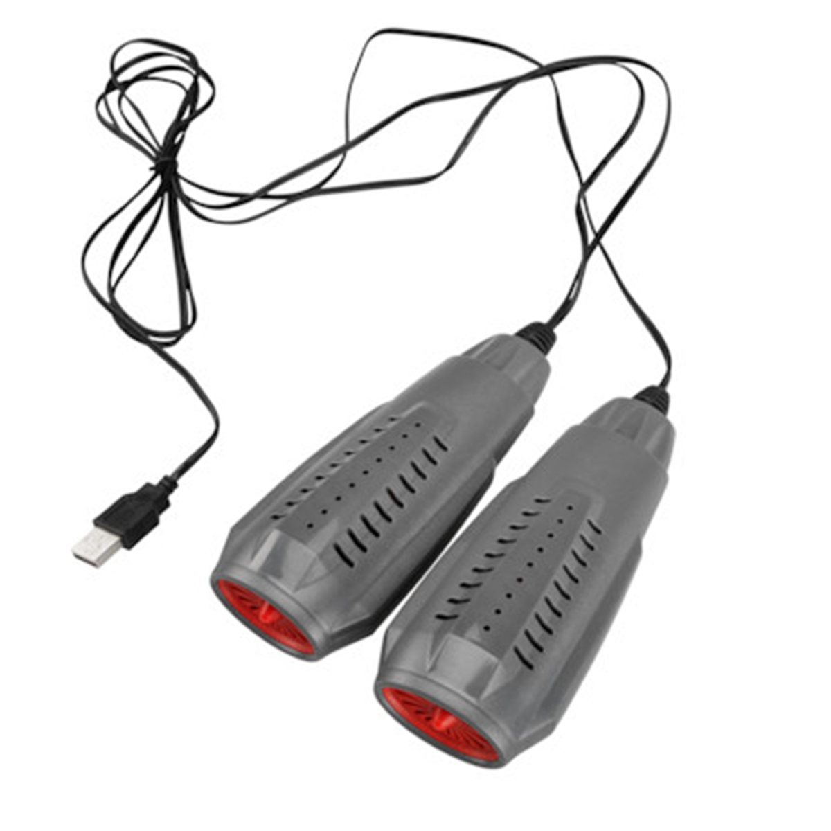 Graue Micro Dry 2 Schuhwärmer mit USB-Kabel liegen auf weißem Grund. Sie haben Schlitze und rote Heizelemente.