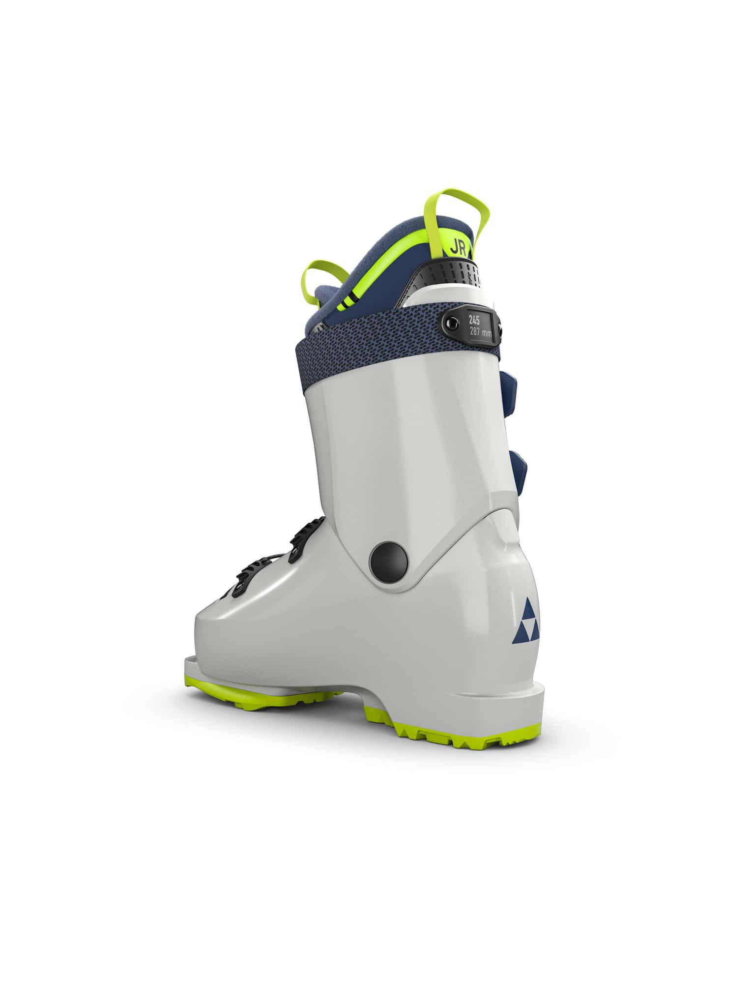 Weißer Fischer RC4 60 JR Skischuh von hinten mit gelber Sohle und Schlaufe, blauen Akzenten und Herstellerlogo.