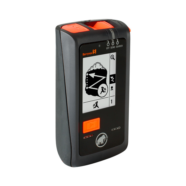 Das Mammut Barryvox S LVS-Gerät in grau/schwarz, mit orangenen Akzenten und Display mit Suchanzeige.