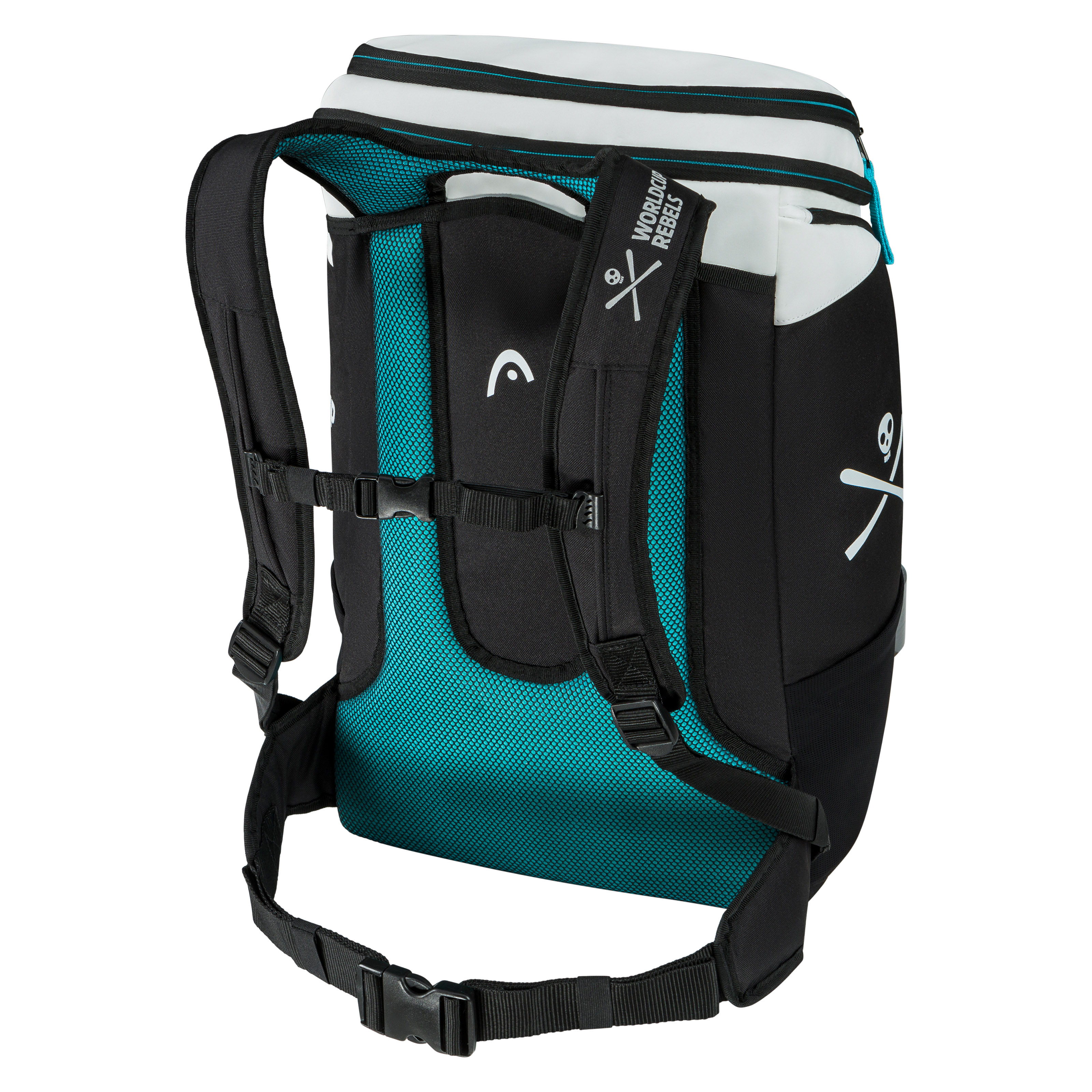 Schwarzer Head Rebels Rucksack mit blauem Netzrücken, weißen Akzenten und Totenkopf-Logo von hinten.