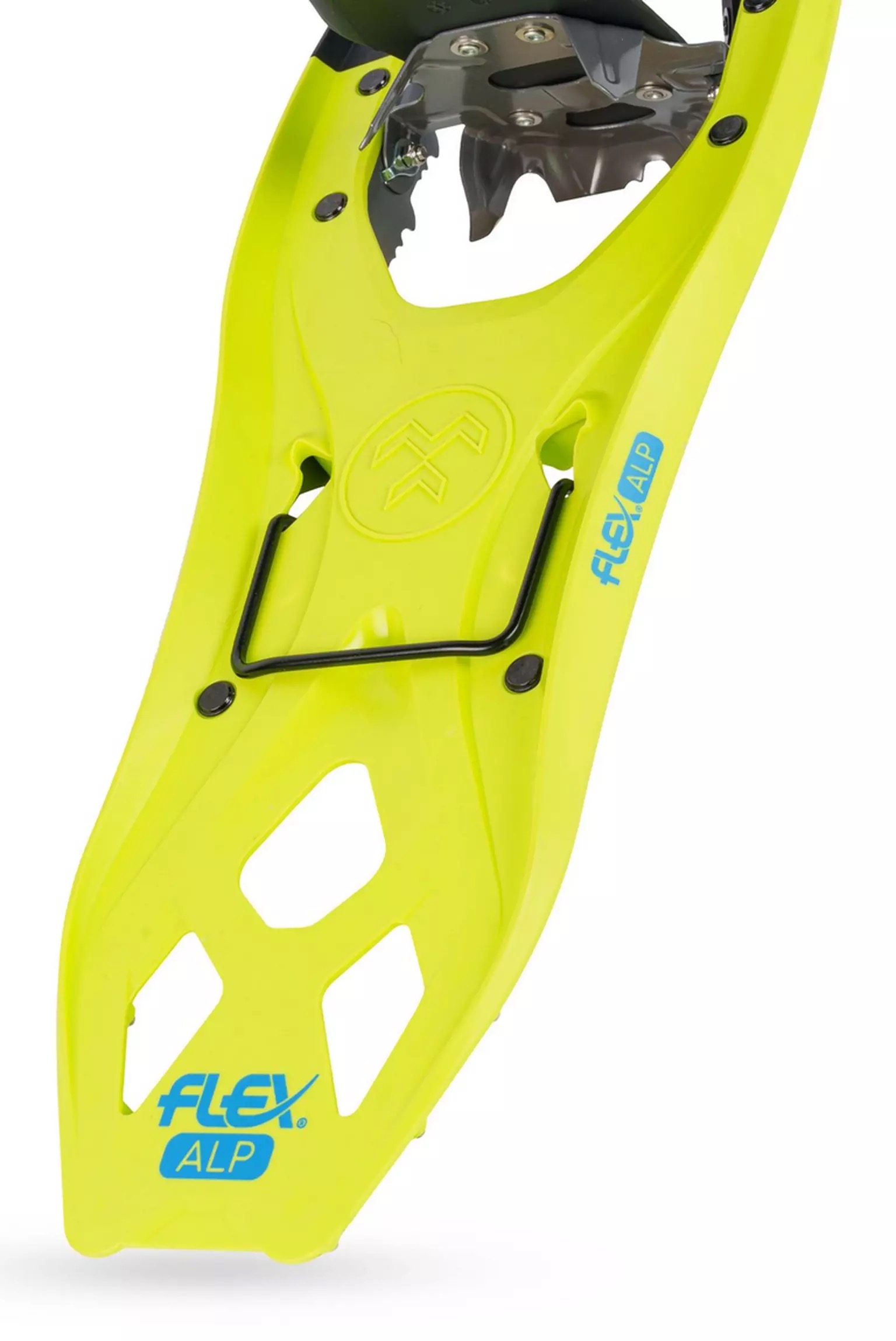 Limegrüner Tubbs Schneeschuh Nahaufnahme eines lime-grünen Tubbs Flex Alp Schneeschuhs, Fokus auf Bindung und Torsion Deck.