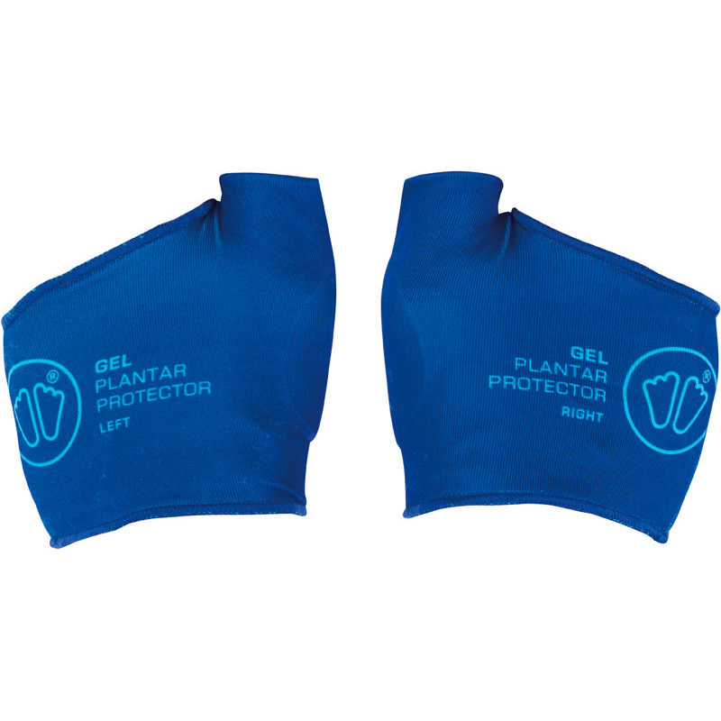 Zwei blaue Sidas Gel Plantar Protectors, linker und rechter Fuß. Mit Zehenschutz, Logos und Beschriftungen.
