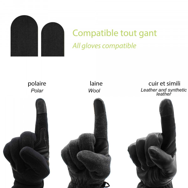 Handschuhe mit Touchscreen Sticker an den Fingerspitzen für Displaybedienung, verschiedene Materialarten dargestellt.