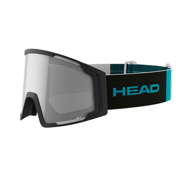 Schwarze Head Neves Pro 5K Race L Skibrille mit grau getönter Linse und blau-schwarzem Kopfband.